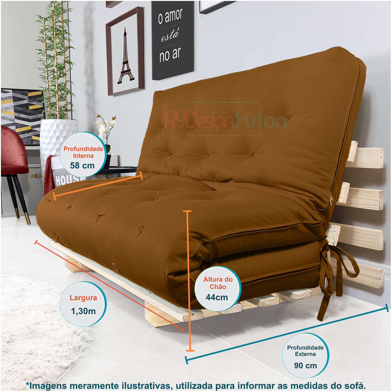 Sofa Cama Casal Futon Oriental D33 Com Madeira Maciça - Caramelo