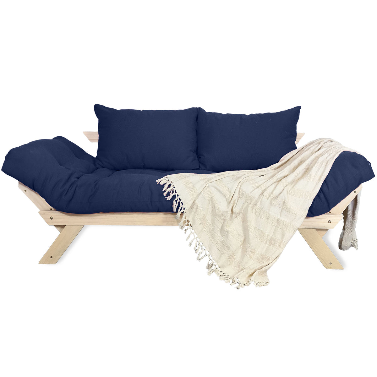 Sofá Cama Reclinável Futon Japão - Madeira Sem Pintura Tecido Acquablock Cor Azul Royal