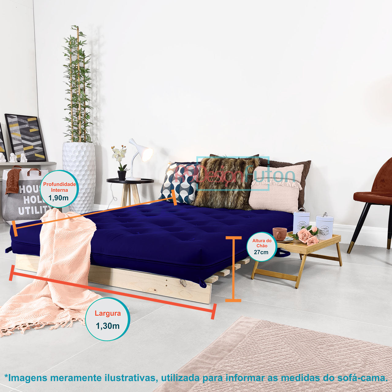Sofa Cama Futon Casal Tokio Madeira Maciça Acquablock Azul Royal