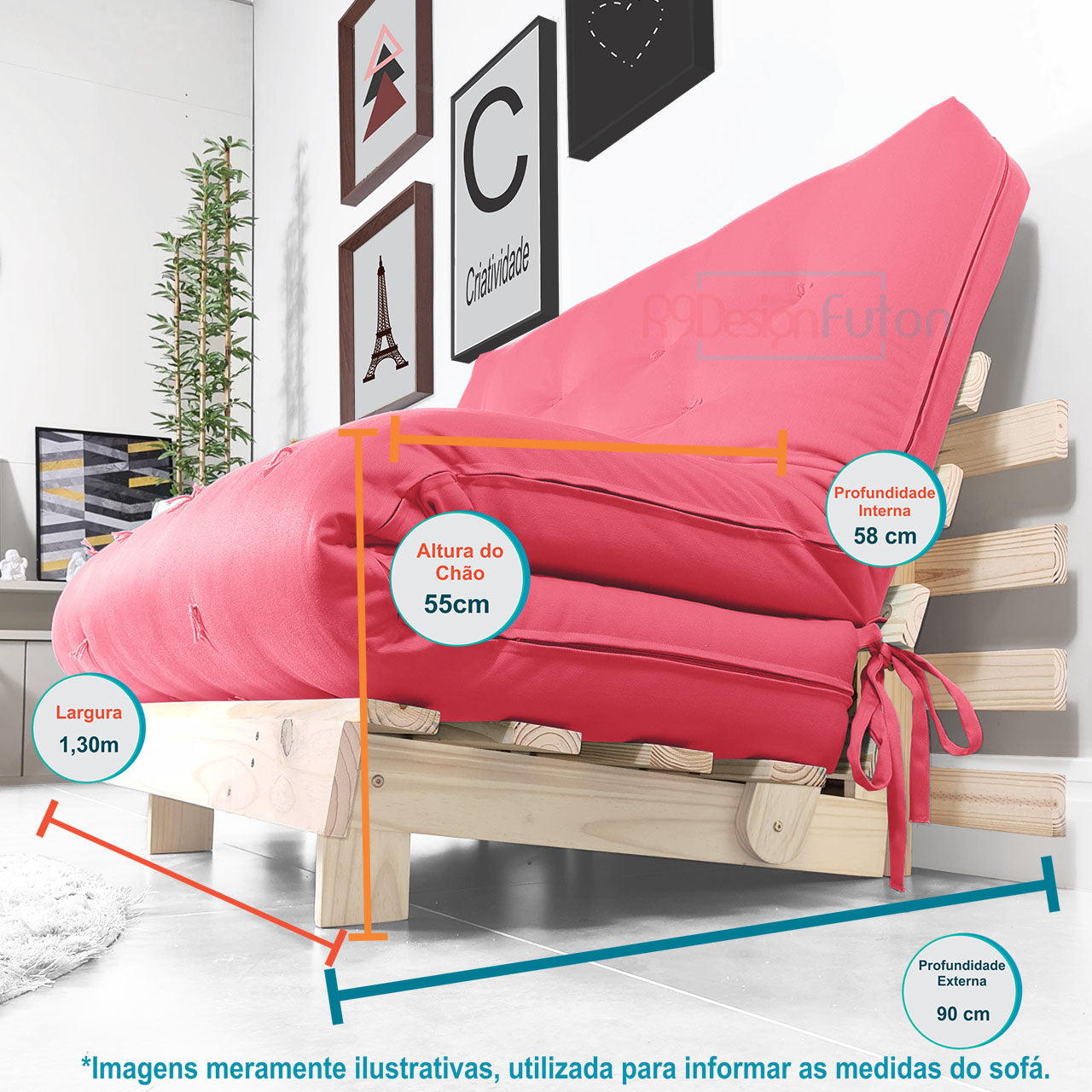 Sofa Cama Futon Casal Tokio Madeira Maciça Sarja Goiaba