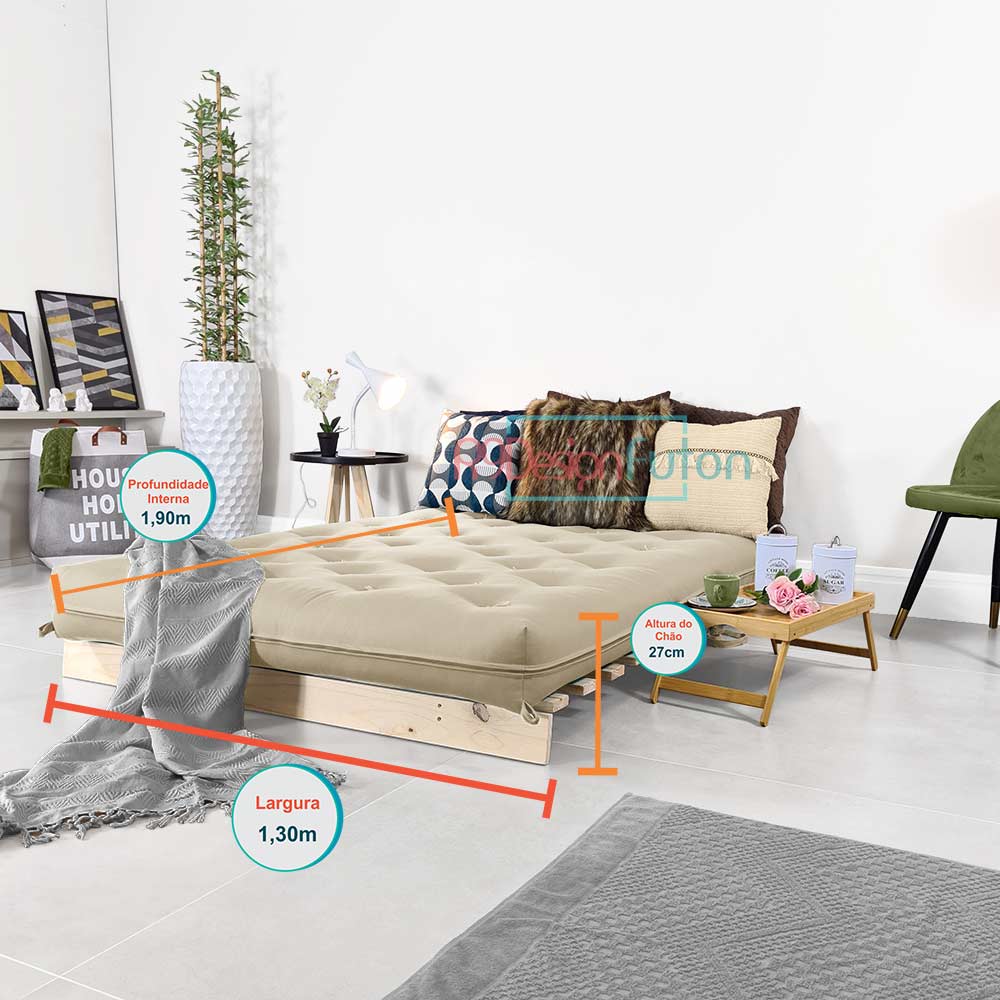 Sofa Cama Futon Casal Tokio Madeira Maciça Sarja Bege