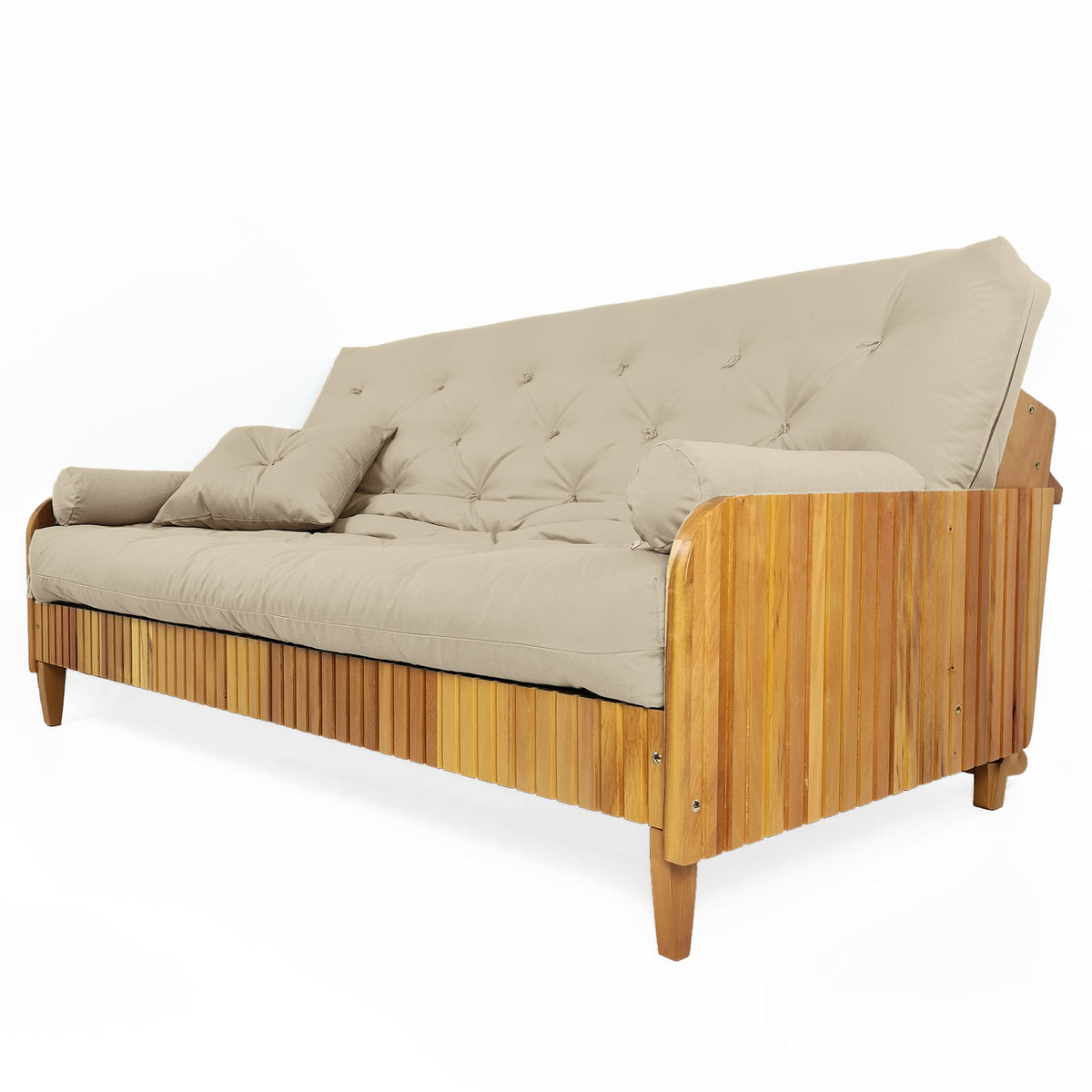 Sofá De Madeira Nobre Ripado Mel Futon Paris - Tecido Sarja 100% Algodão Cor Bege Claro