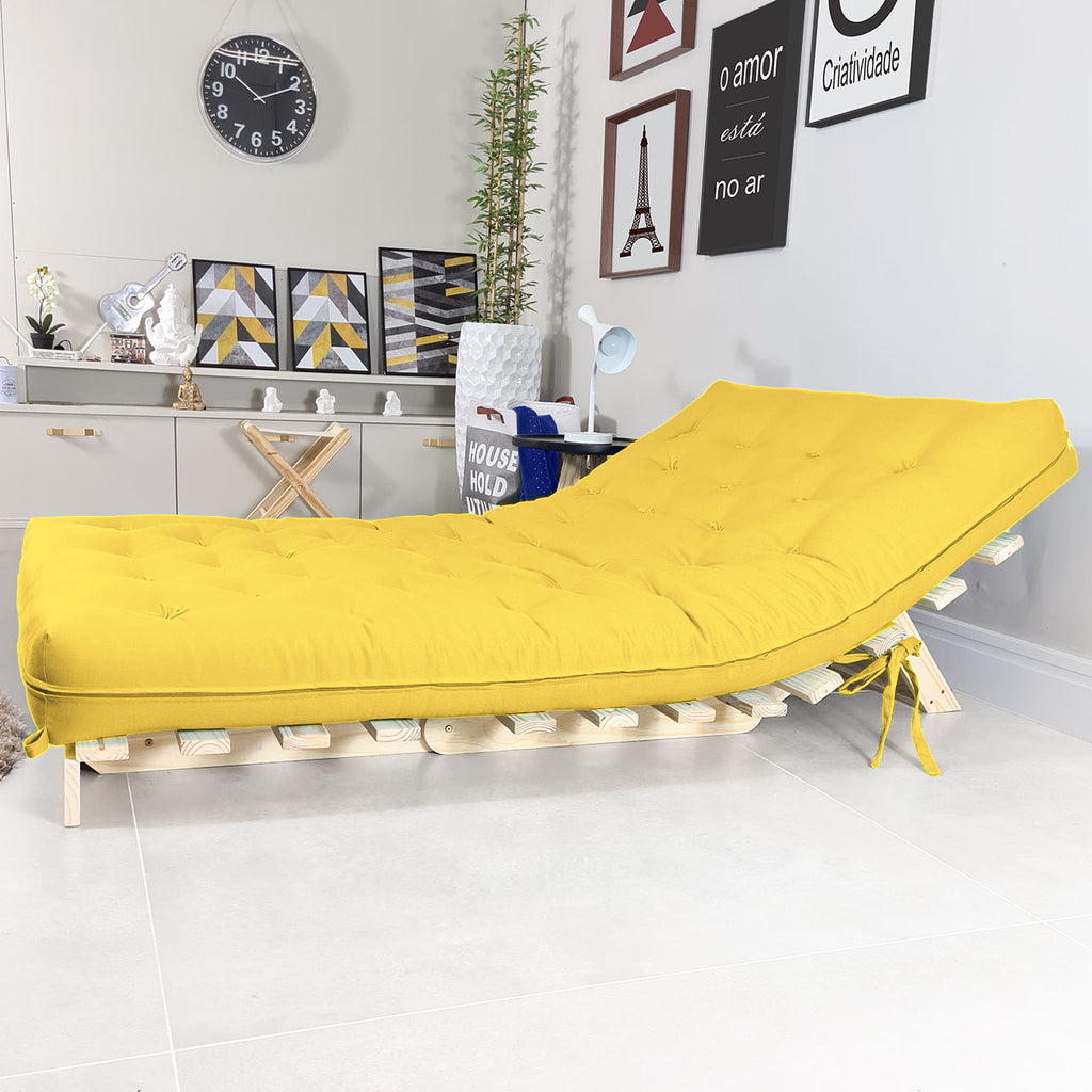 Sofa Cama Casal Futon Oriental Madeira Maciça Acquablock Amarelo