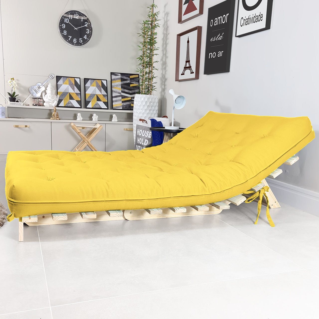 Sofa Cama Casal Futon Oriental Madeira Maciça Acquablock Amarelo