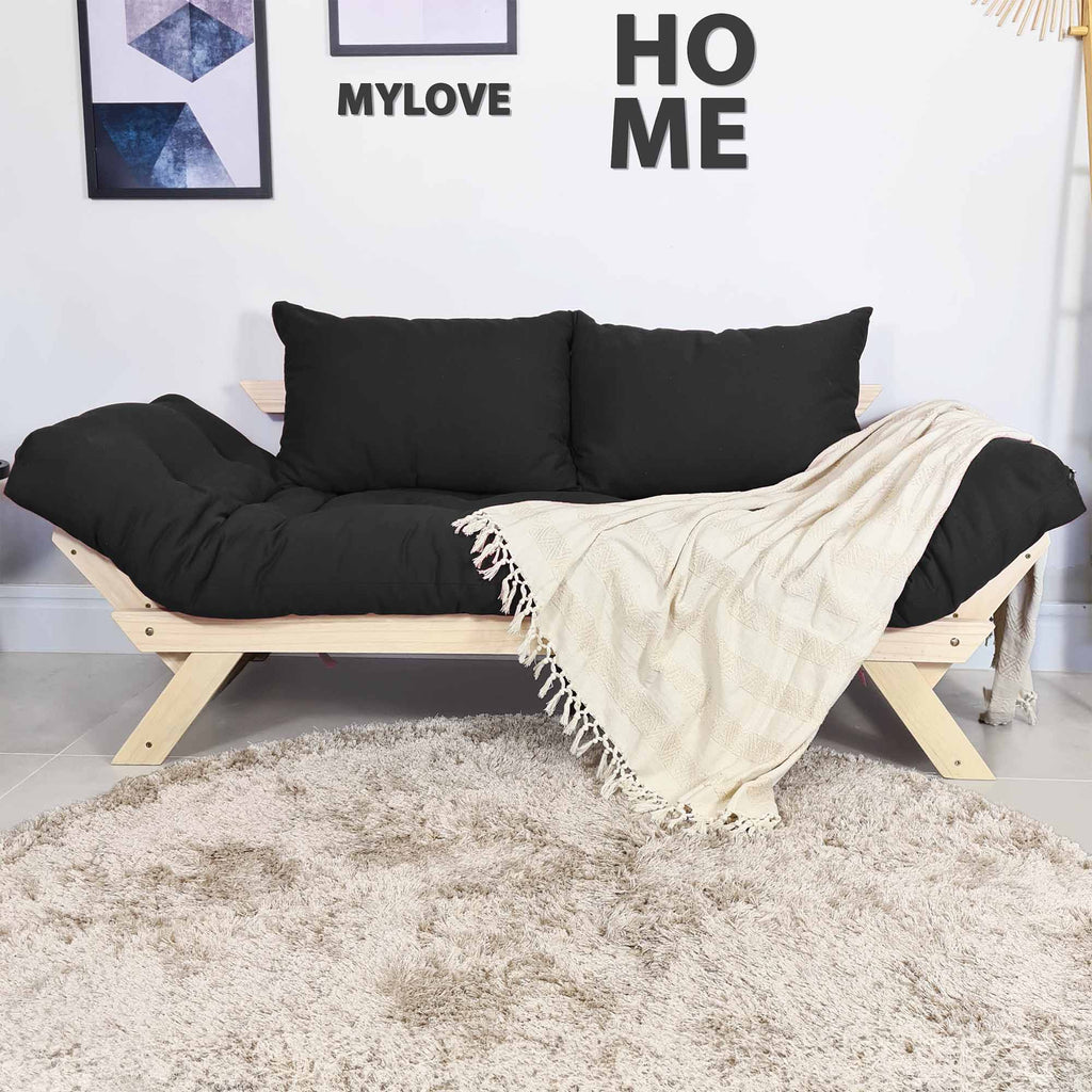 Sofá Japão Futon Sarja Madeira Sem Pintura - Preto