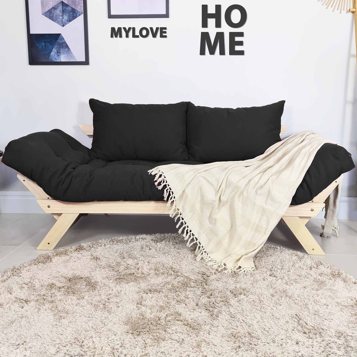 Sofá Cama Reclinável Futon Japão - Madeira Sem Pintura Tecido Sarja Cor Preto
