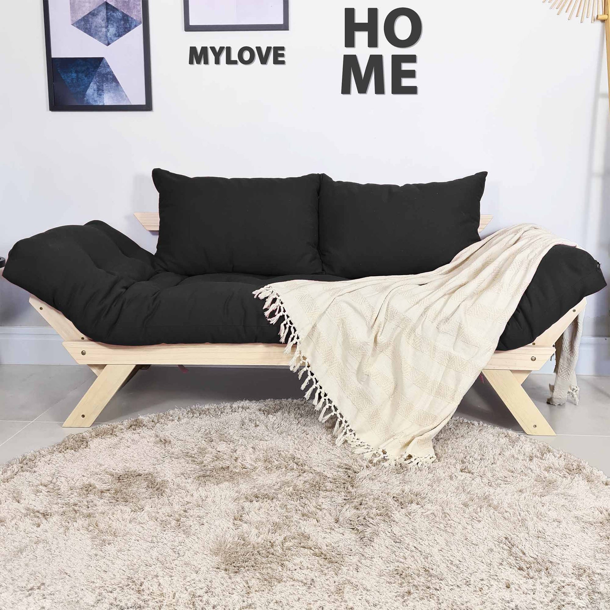 Sofá Japão Futon Sarja Madeira Sem Pintura - Preto