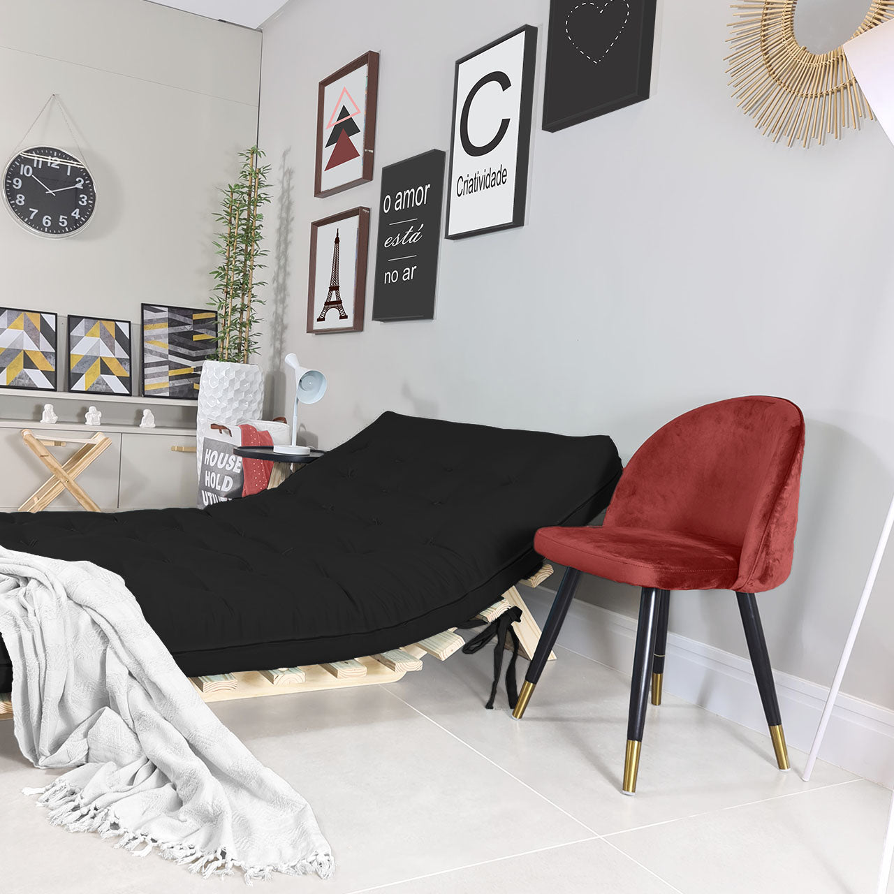 Sofá Cama Casal Futon Tokio D33 Madeira Pinus Natural - Preto