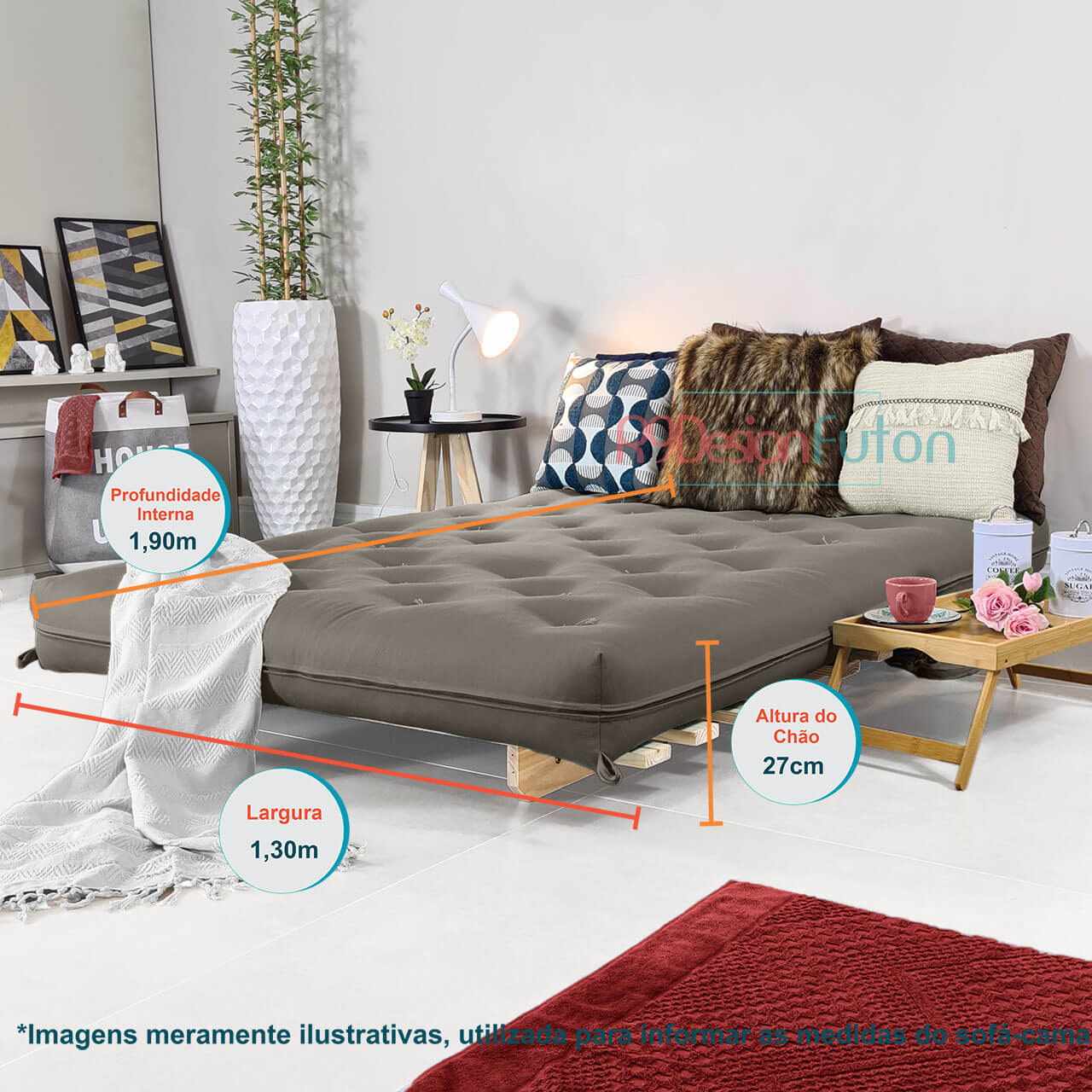 Sofa Cama Casal Futon Oriental Madeira Maciça Sarja Cinza