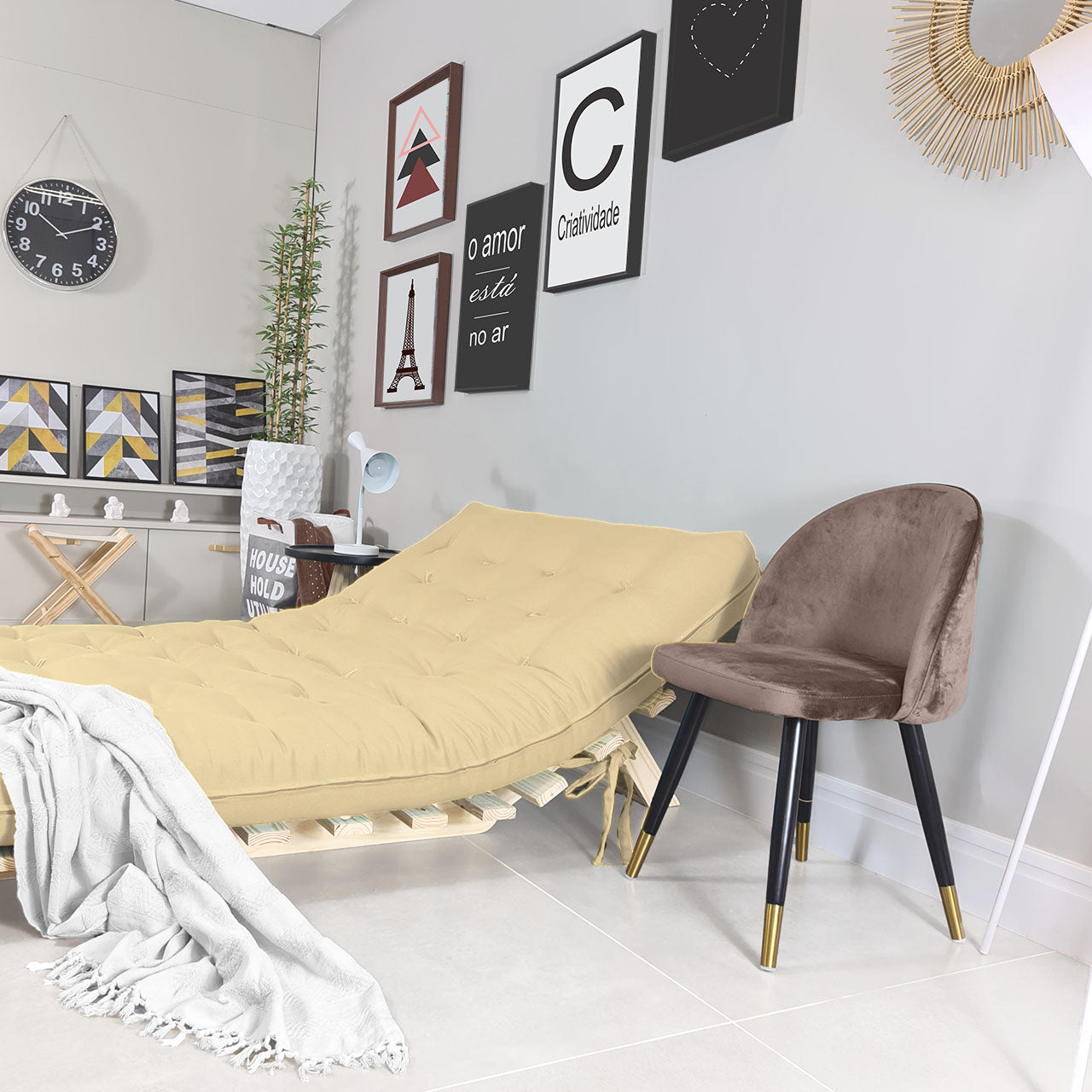 Sofa Cama Futon Casal Tokio Madeira Maciça Acquablock Bege