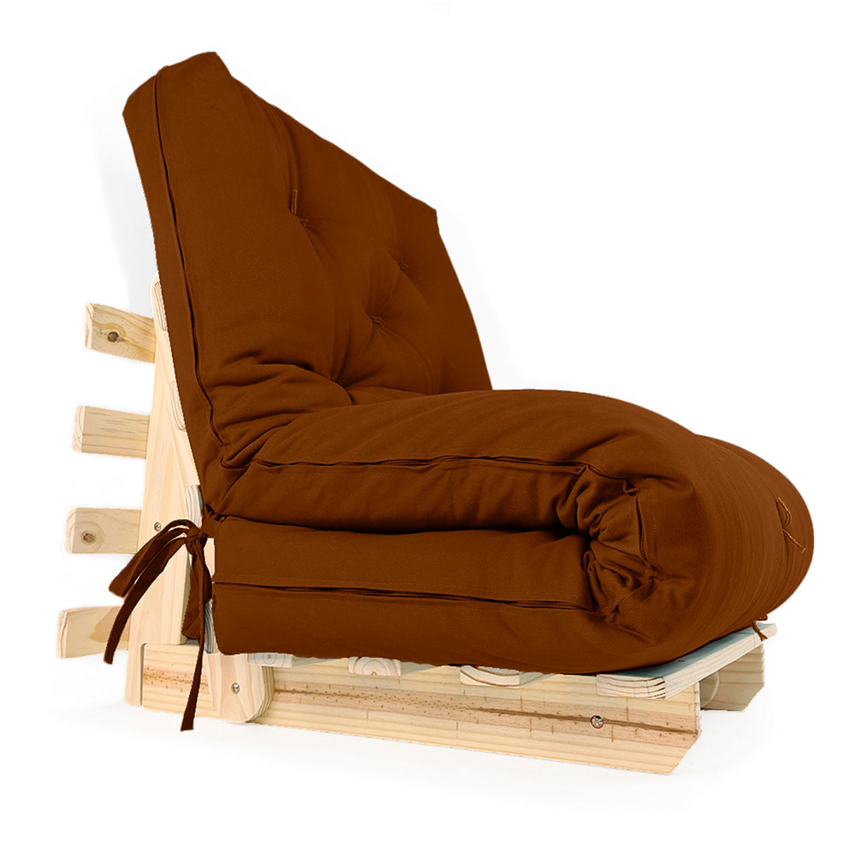 Sofa Cama Solteiro Futon Dobrável - Madeira Natural Sarja Caramelo
