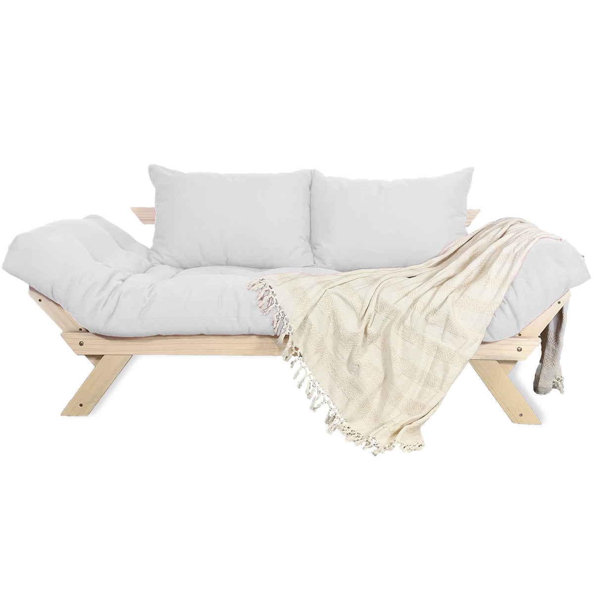 Sofá Cama Reclinável Futon Japão - Madeira Sem Pintura Tecido Acquablock Cor Branco Off