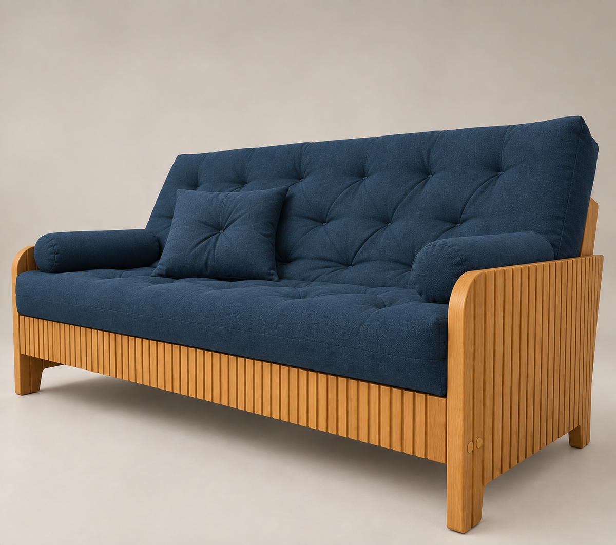 Sofá Cama Casal Futon Paris New II Ripado Acquablock em Madeira Maciça Mel - Cor Azul Royal