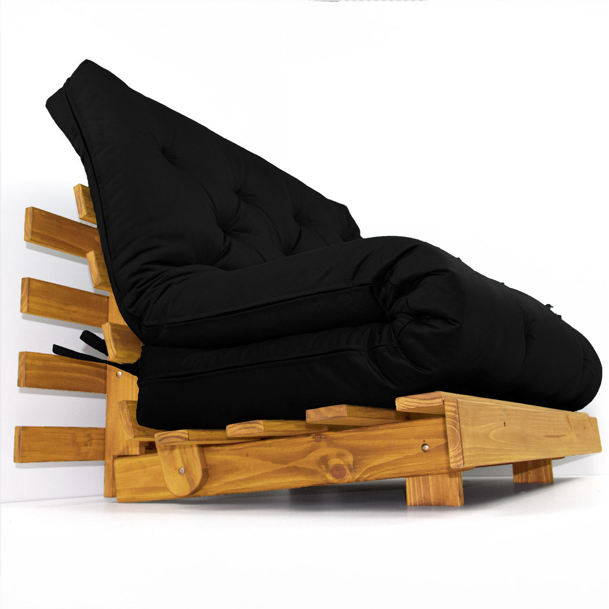 Sofá Cama Casal Futon Tokio Madeira Cor Mel Tecido Sarja Preto