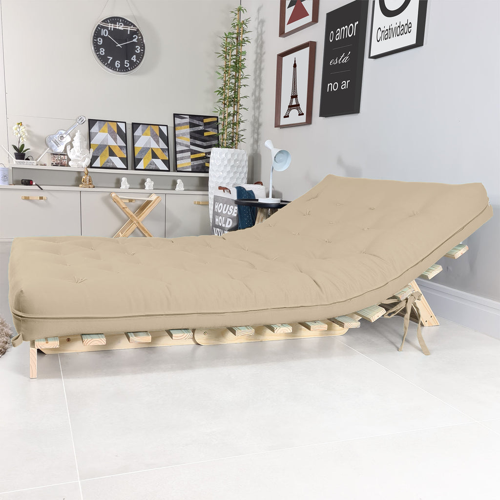 Sofa Cama Casal Futon Oriental  Madeira Maciça Sarja Bege