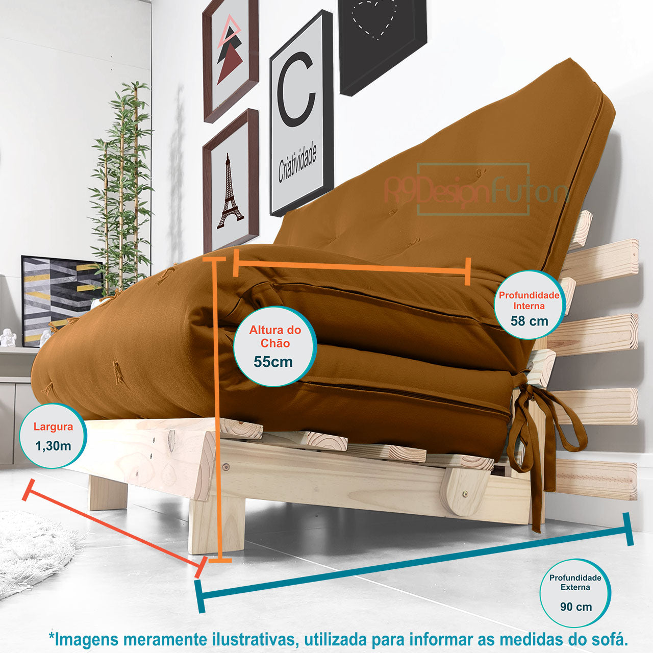 Sofá Cama Casal Futon Tokio D33 Madeira Pinus Natural - Caramelo