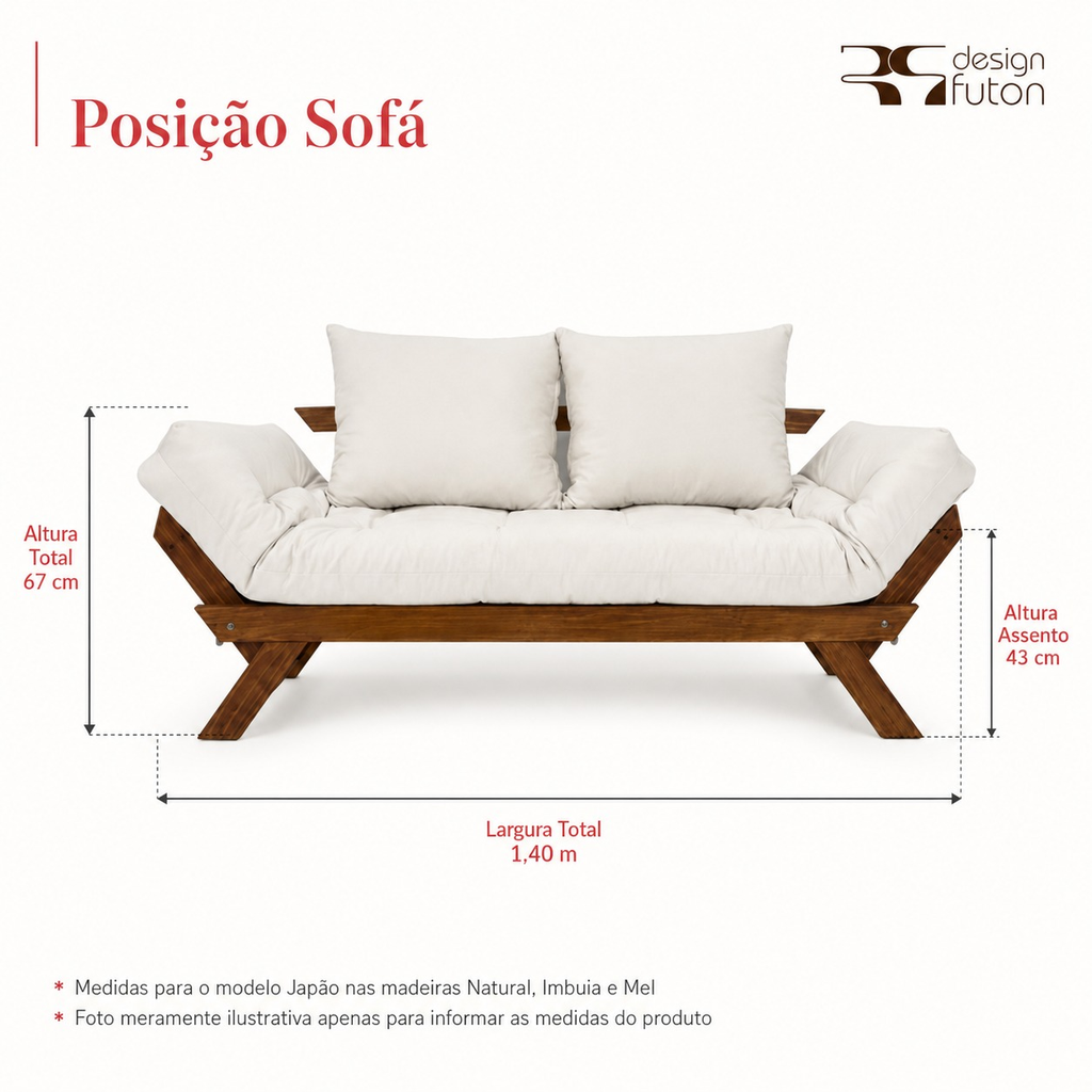 Sofá Cama Reclinável Futon Japão 1,40 - Madeira Mel Tecido Acquablock Cor Branco off