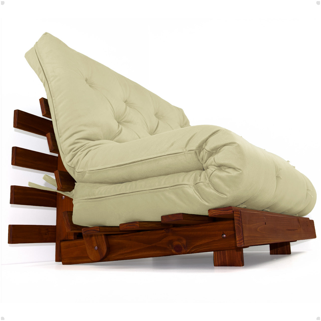 Sofá Cama Casal Futon Tokio D33 Madeira Maciça Cor Imbuia - Bege Claro