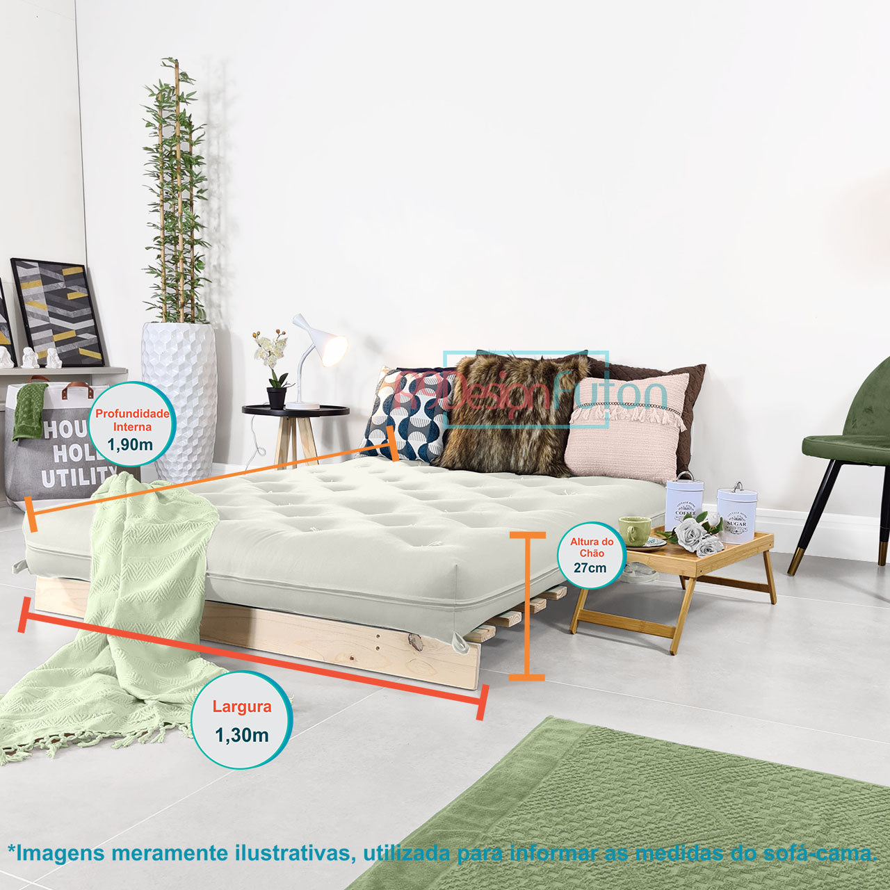 Sofá Cama Casal Futon Tokio Madeira Maciça Acquablock Branco Off