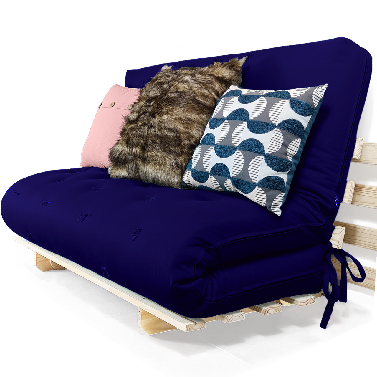 Sofa Cama Casal Futon Oriental Madeira Maciça Acquablock Azul Royal