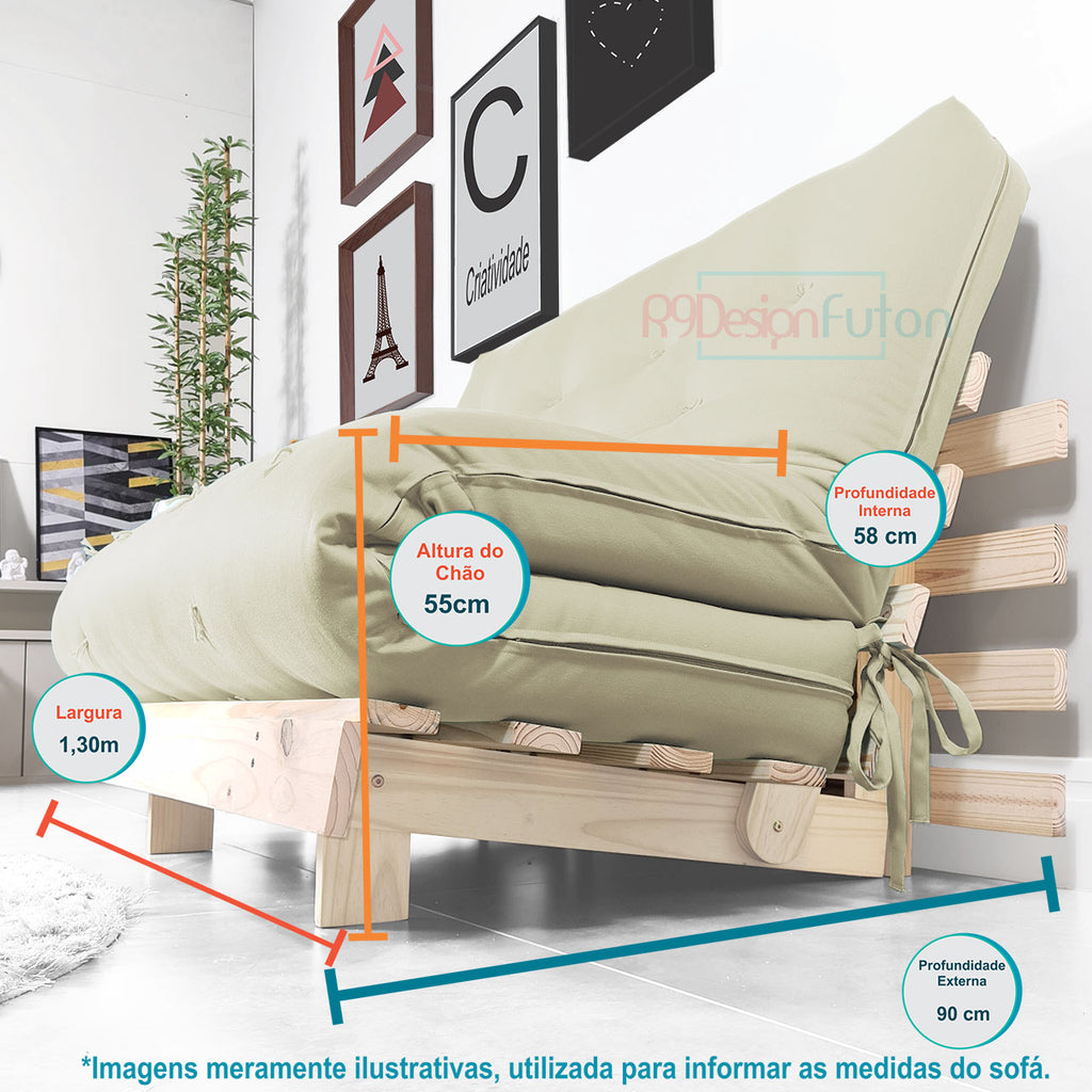 Sofá Cama Casal Futon Tokio D33 Madeira Pinus Natural - Bege Claro