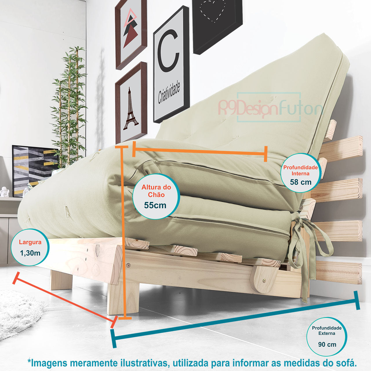 Sofá Cama Casal Futon Tokio D33 Madeira Pinus Natural - Bege Claro