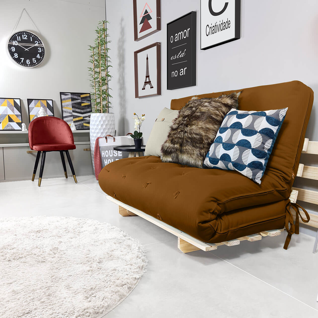 Sofa Cama Casal Futon Oriental  Madeira Maciça Sarja Caramelo