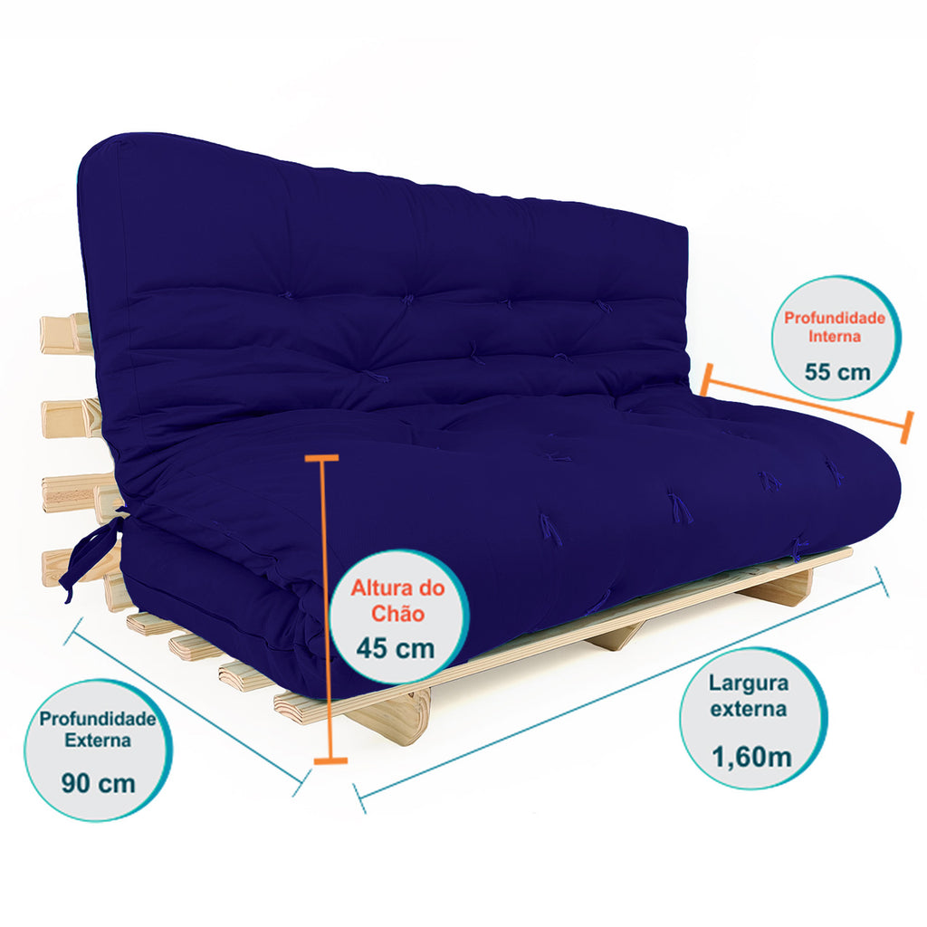 Sofa Cama Futon Oriental King Madeira Pinus Acquablock Azul Royal