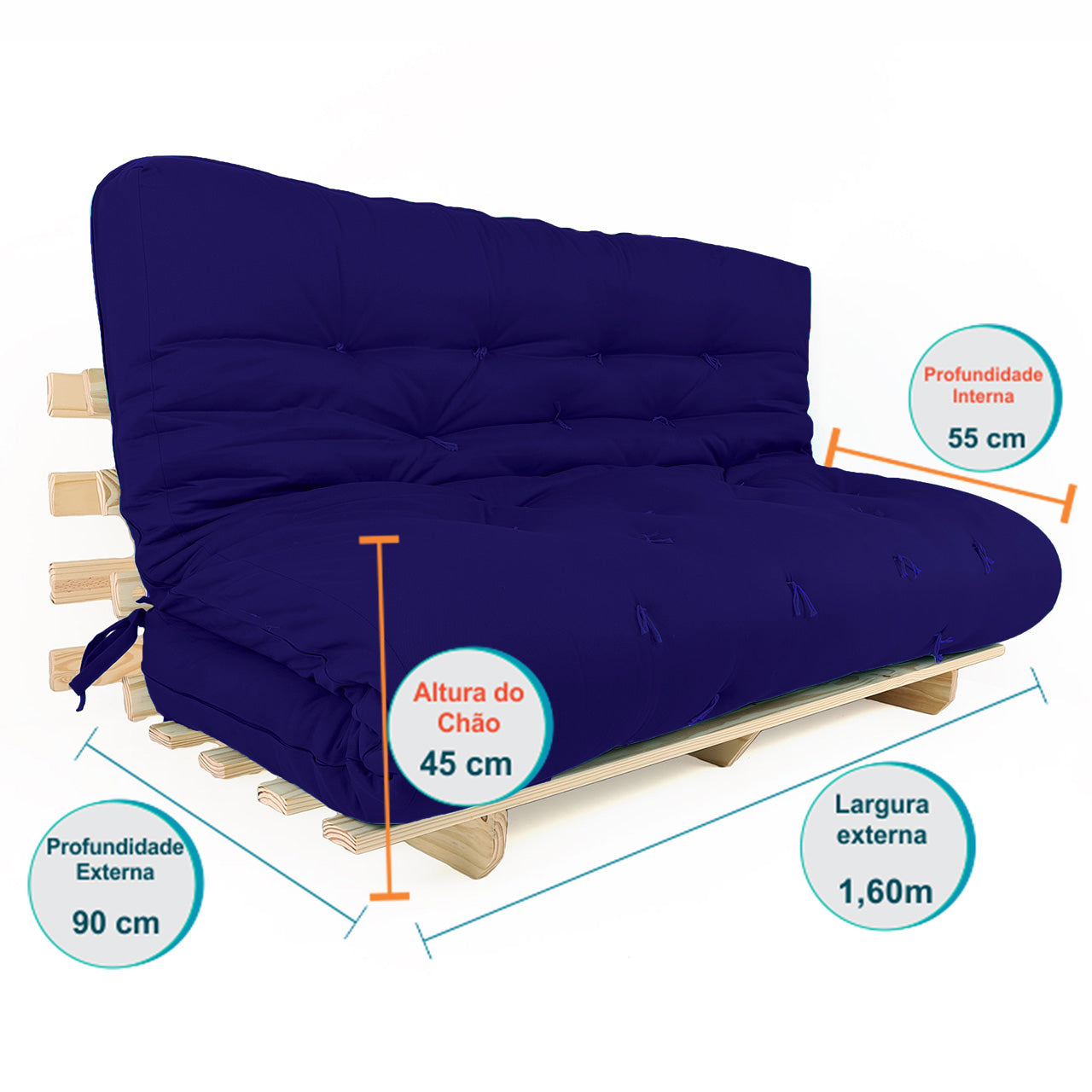 Sofa Cama Futon Oriental King Madeira Pinus Acquablock Azul Royal