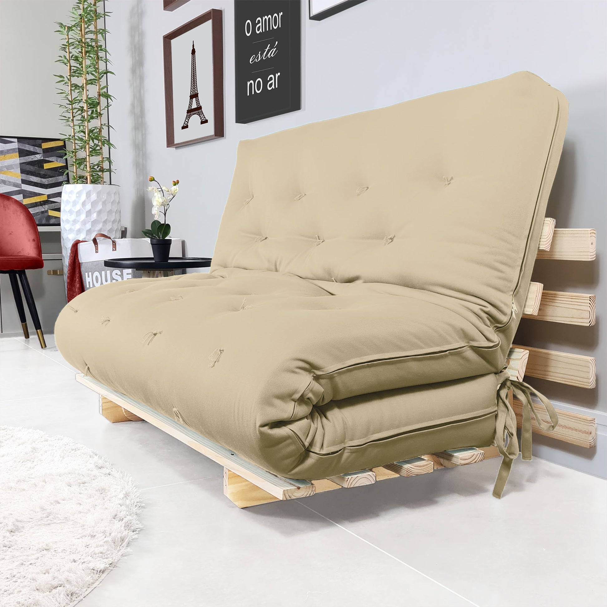 Sofa Cama Casal Futon Oriental  Madeira Maciça Sarja Bege