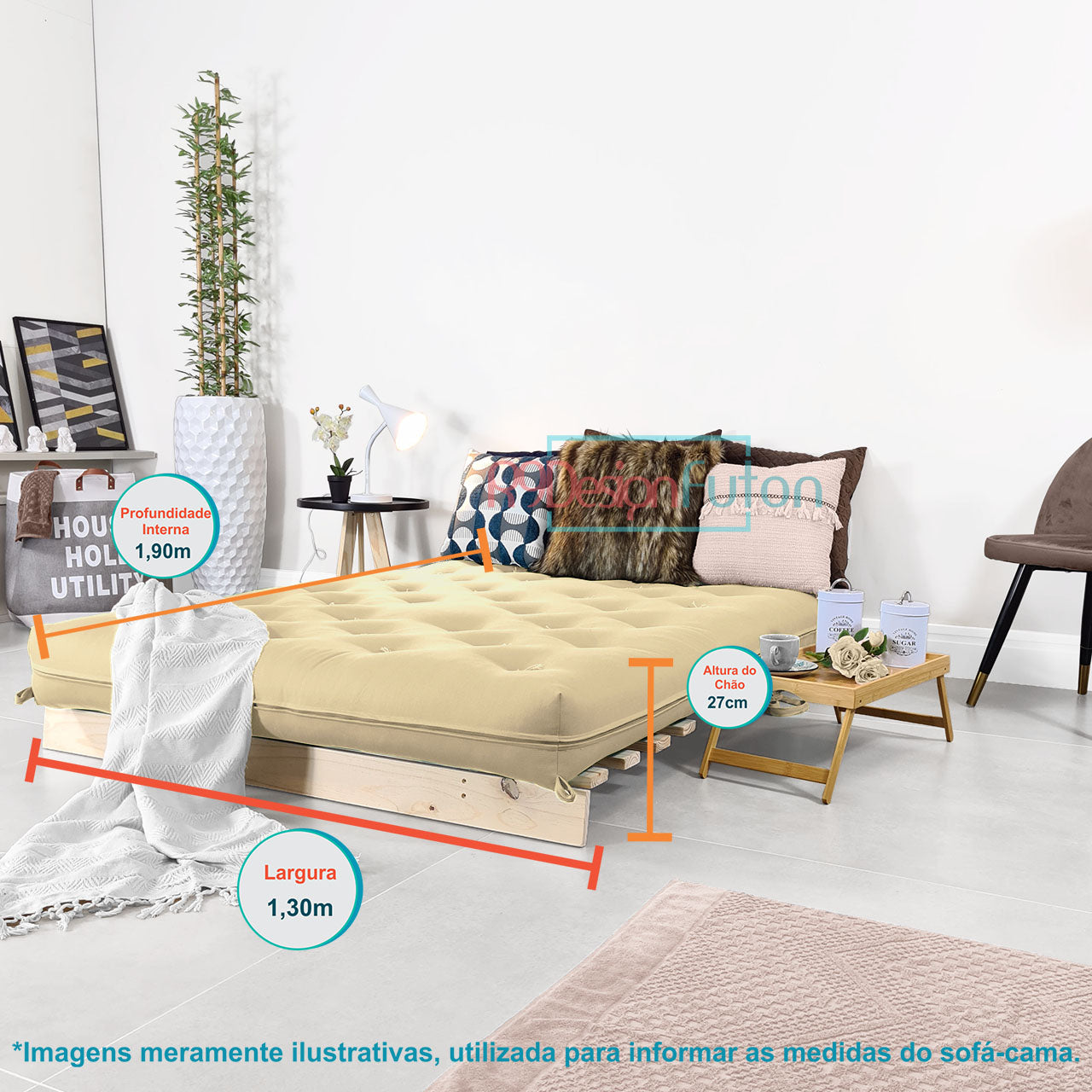 Sofa Cama Futon Casal Tokio Madeira Maciça Acquablock Bege
