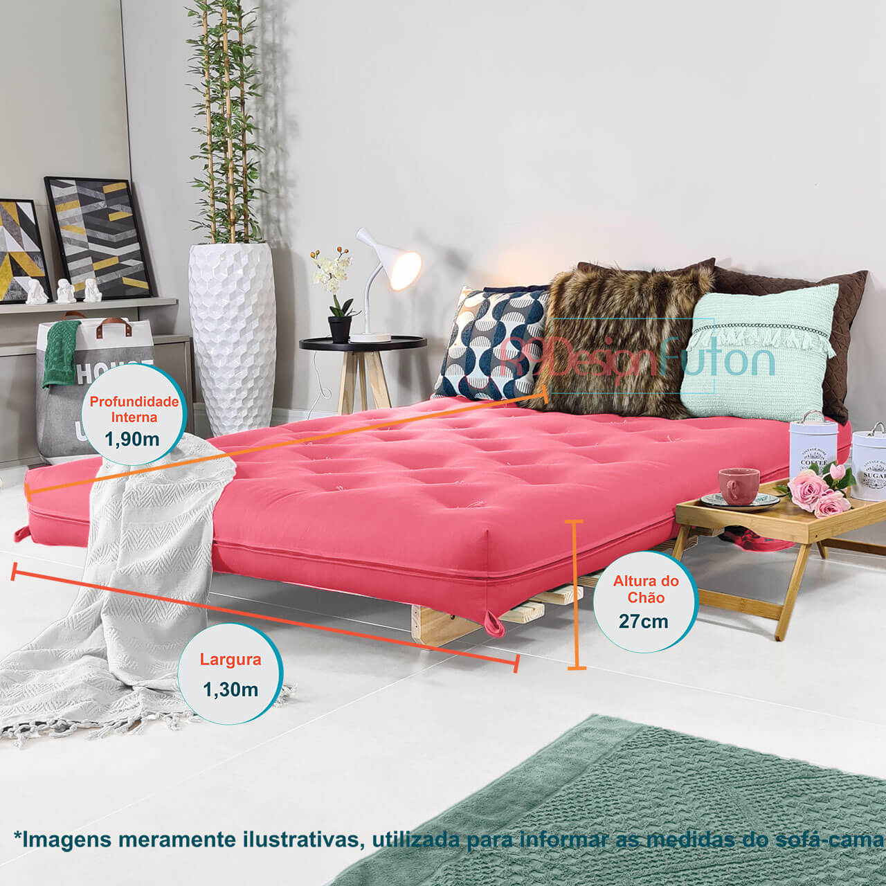 Sofa Cama Casal Futon Oriental Madeira Maciça Sarja Goiaba
