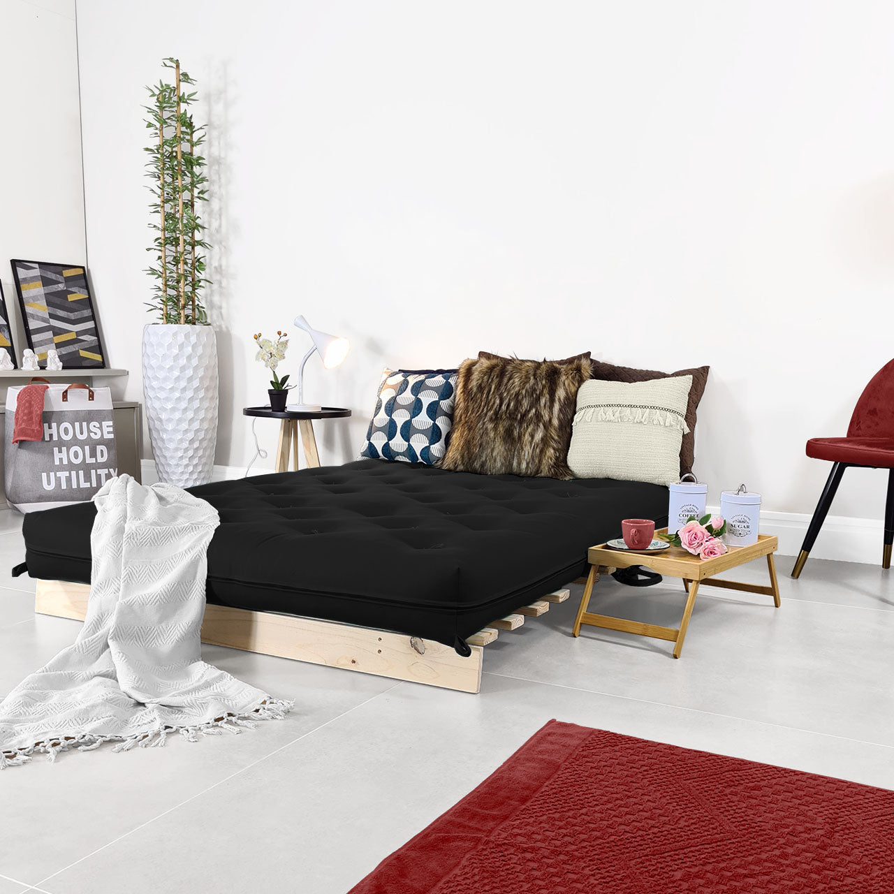 Sofá Cama Casal Futon Tokio D33 Madeira Pinus Natural - Preto