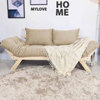Sofá Cama Reclinável Futon Japão - Madeira Sem Pintura Tecido Sarja Cor Bege Claro
