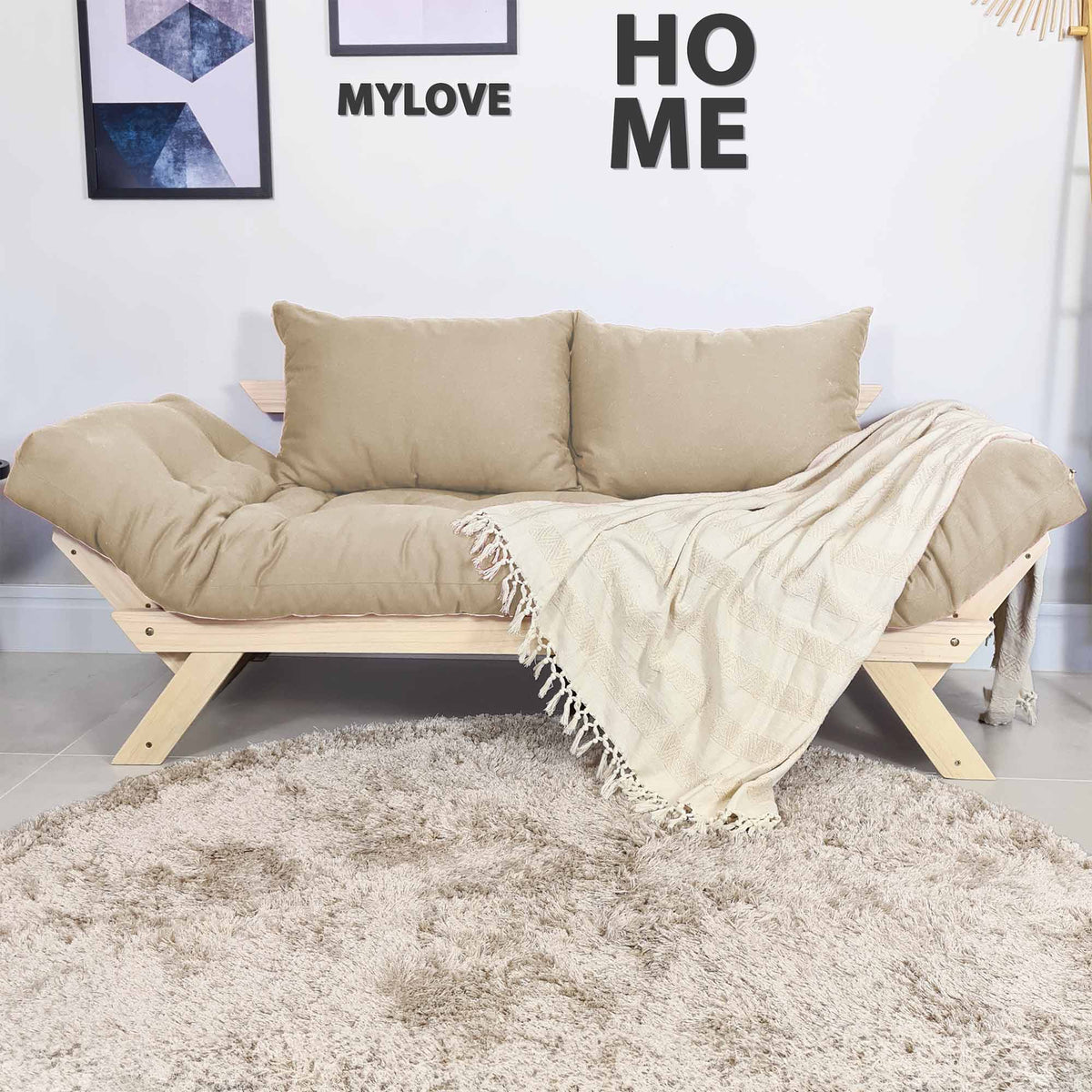 Sofá Cama Reclinável Futon Japão - Madeira Sem Pintura Tecido Sarja Cor Bege Claro