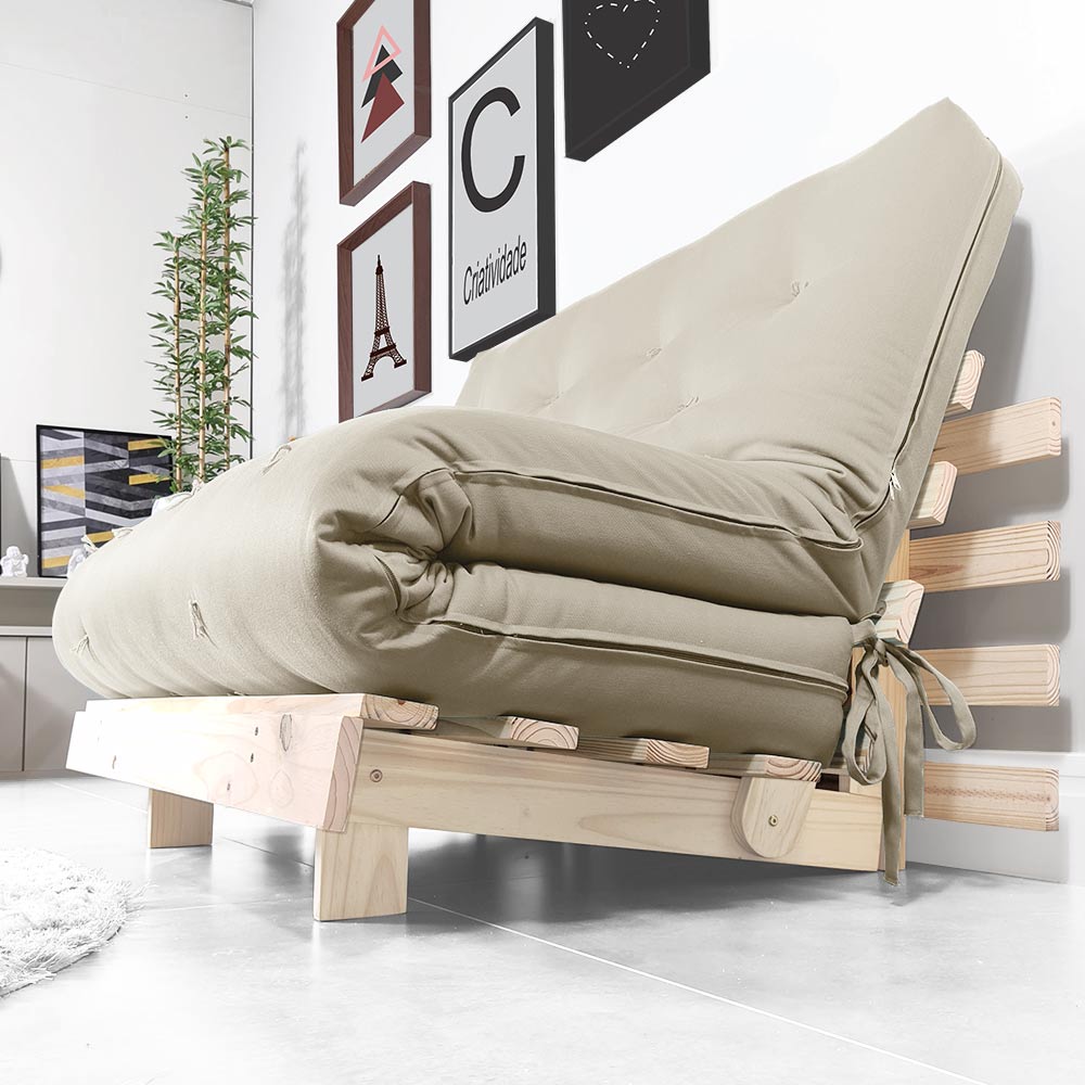 Sofa Cama Futon Casal Tokio Madeira Maciça Sarja Bege
