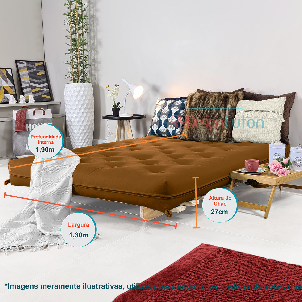 Sofa Cama Casal Futon Oriental D33 Com Madeira Maciça - Caramelo