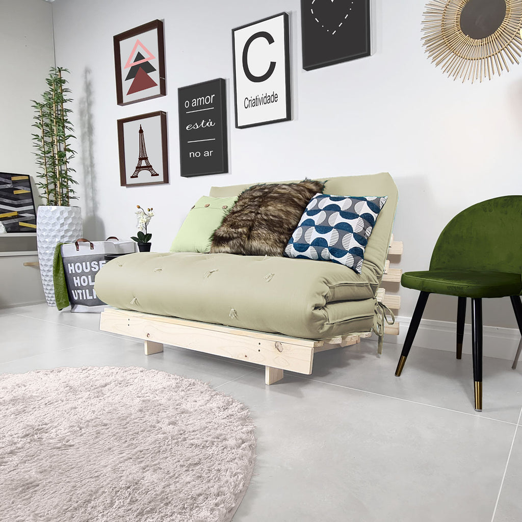 Sofá Cama Casal Futon Tokio D33 Madeira Pinus Natural - Bege Claro