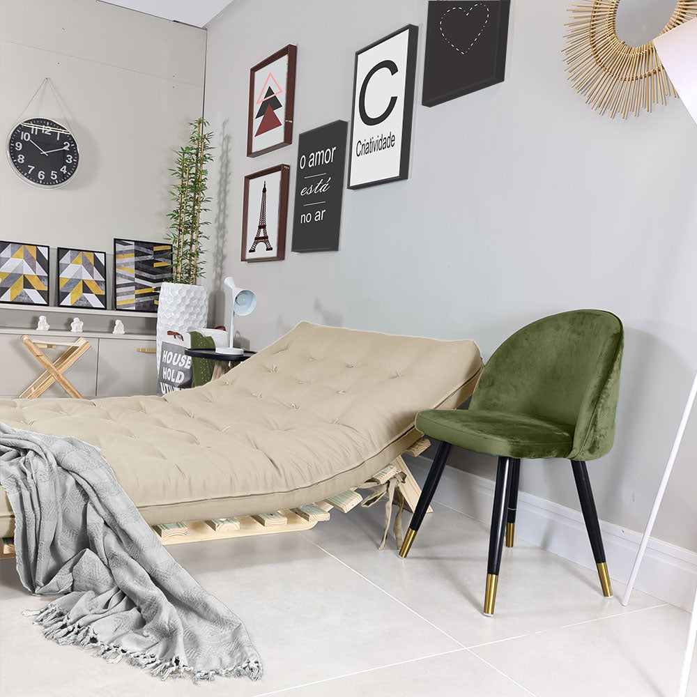 Sofa Cama Futon Casal Tokio Madeira Maciça Sarja Bege