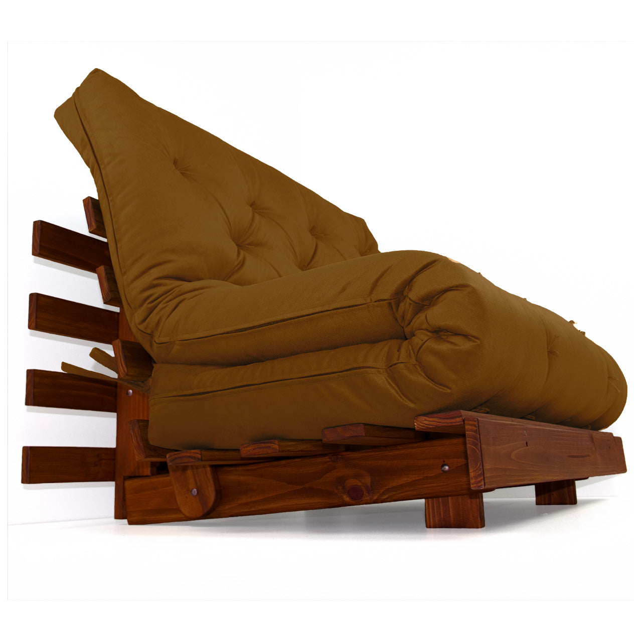 Sofá Cama Casal Futon Tokio Madeira Cor Imbuia Sarja Caramelo