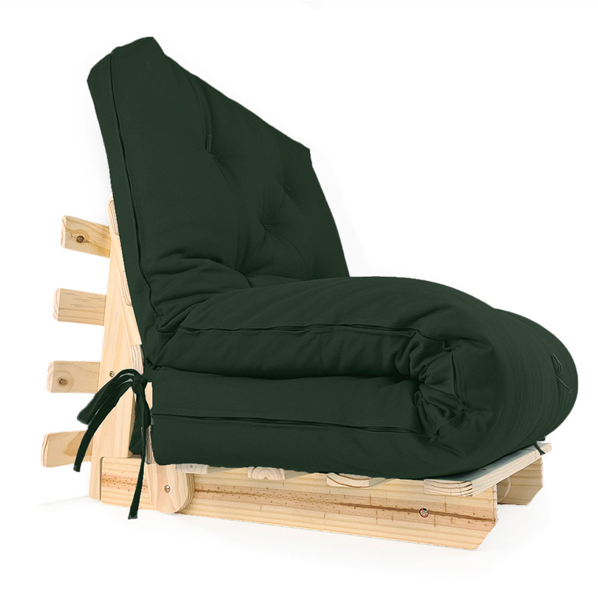 Sofa Cama Solteiro Futon Dobrável - Madeira Natural Sarja Verde Militar