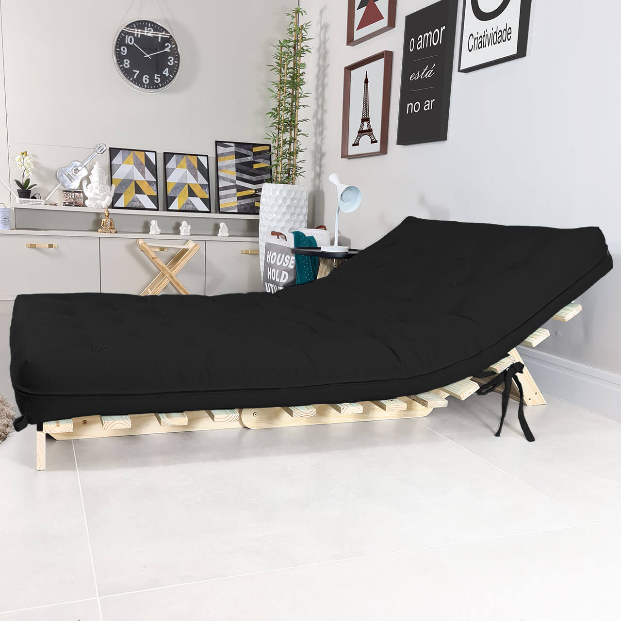 Sofa Cama Casal Futon Oriental Madeira Maciça Sarja Preto