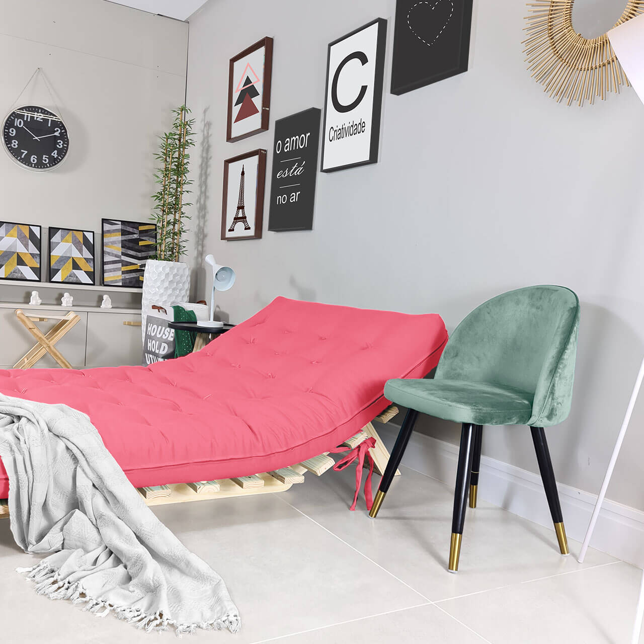 Sofa Cama Casal Futon Oriental Madeira Maciça Sarja Goiaba