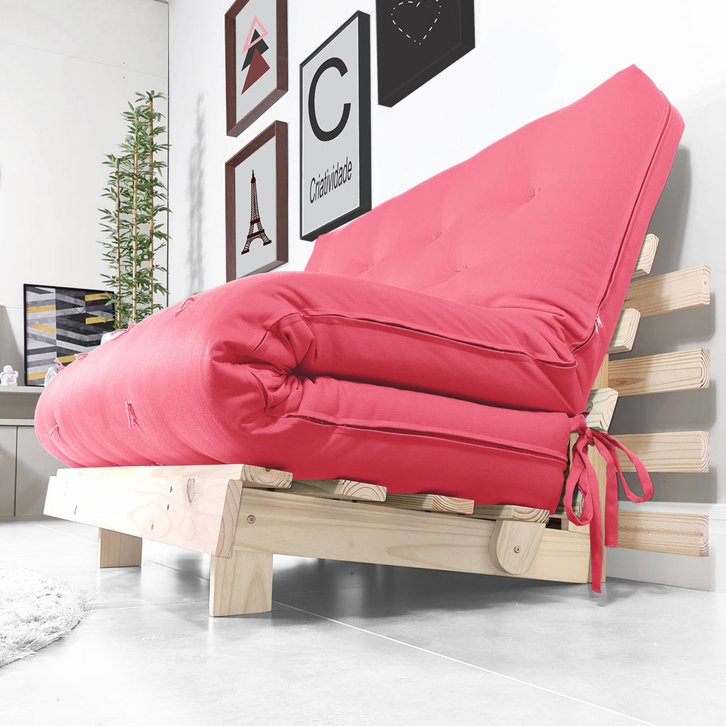 Sofa Cama Futon Casal Tokio Madeira Maciça Sarja Goiaba
