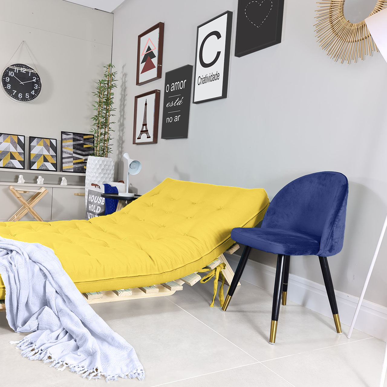 Sofa Cama Casal Futon Oriental Madeira Maciça Acquablock Amarelo