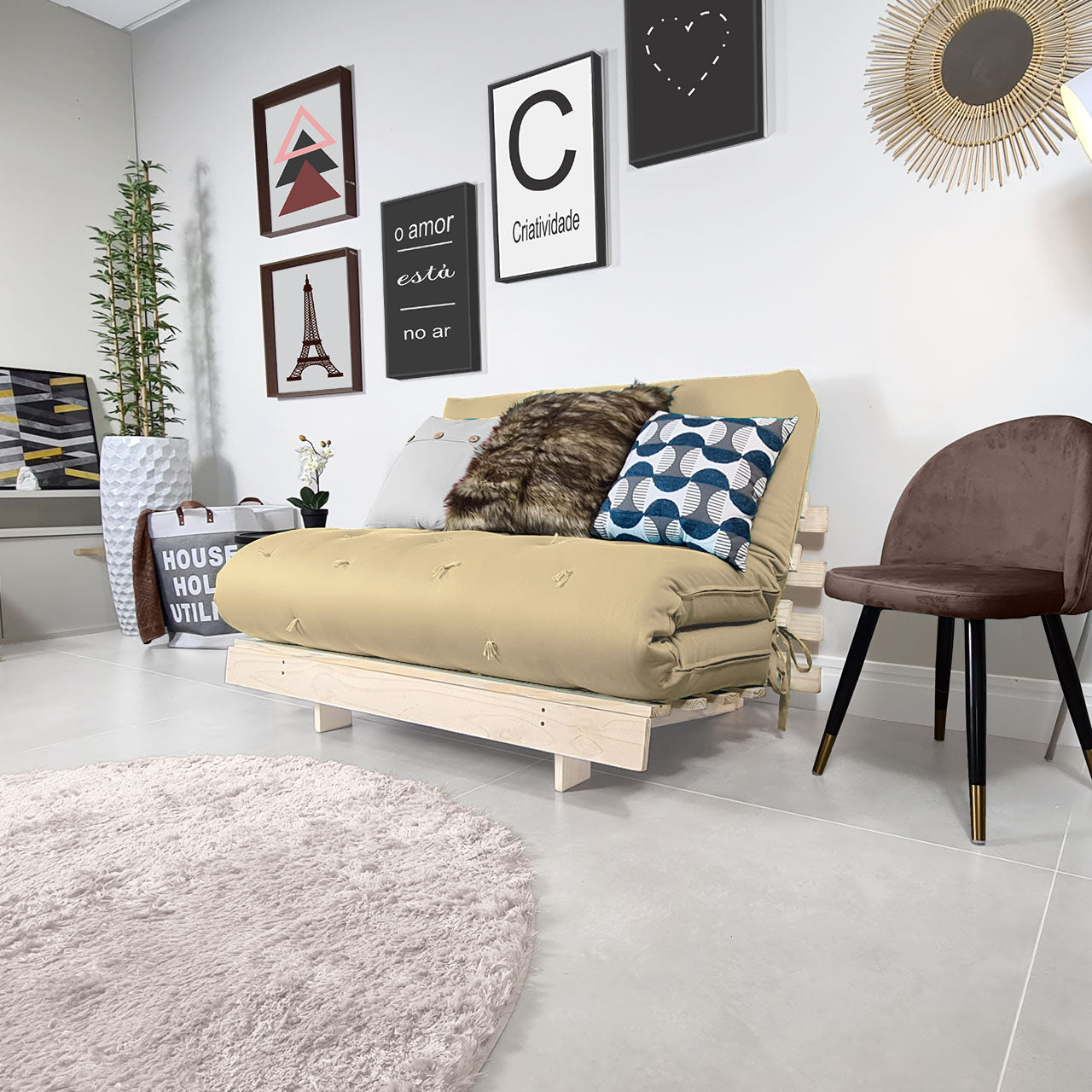 Sofa Cama Futon Casal Tokio Madeira Maciça Acquablock Bege