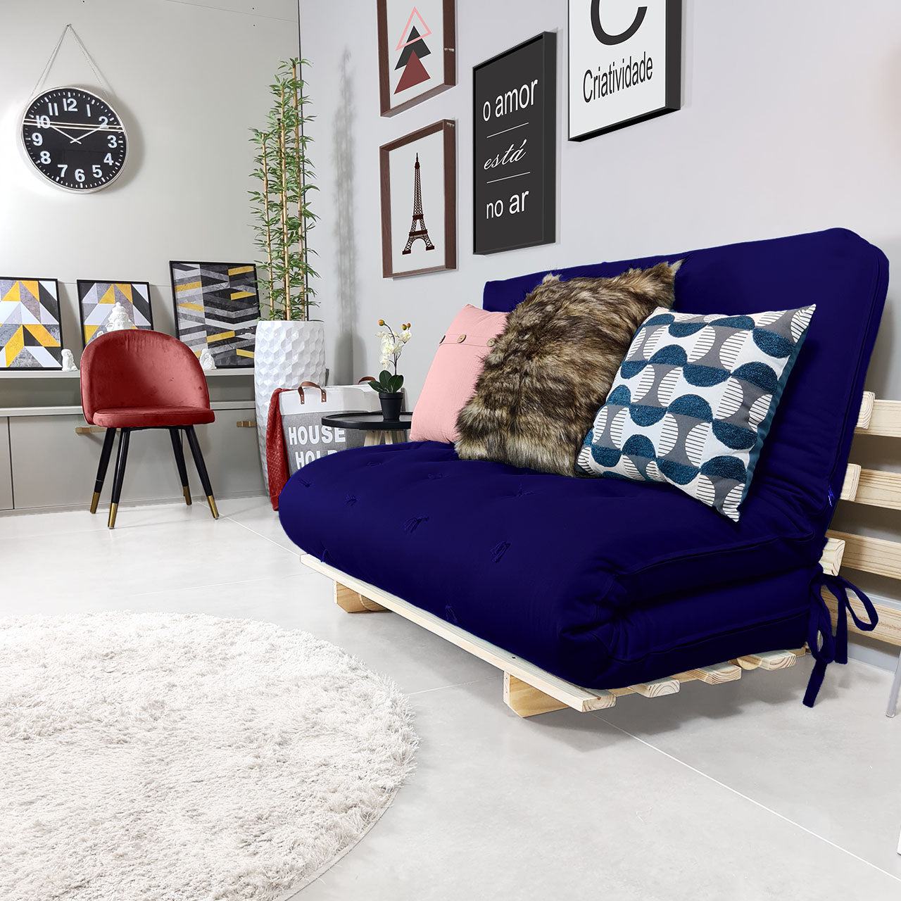 Sofa Cama Casal Futon Oriental Madeira Maciça Acquablock Azul Royal