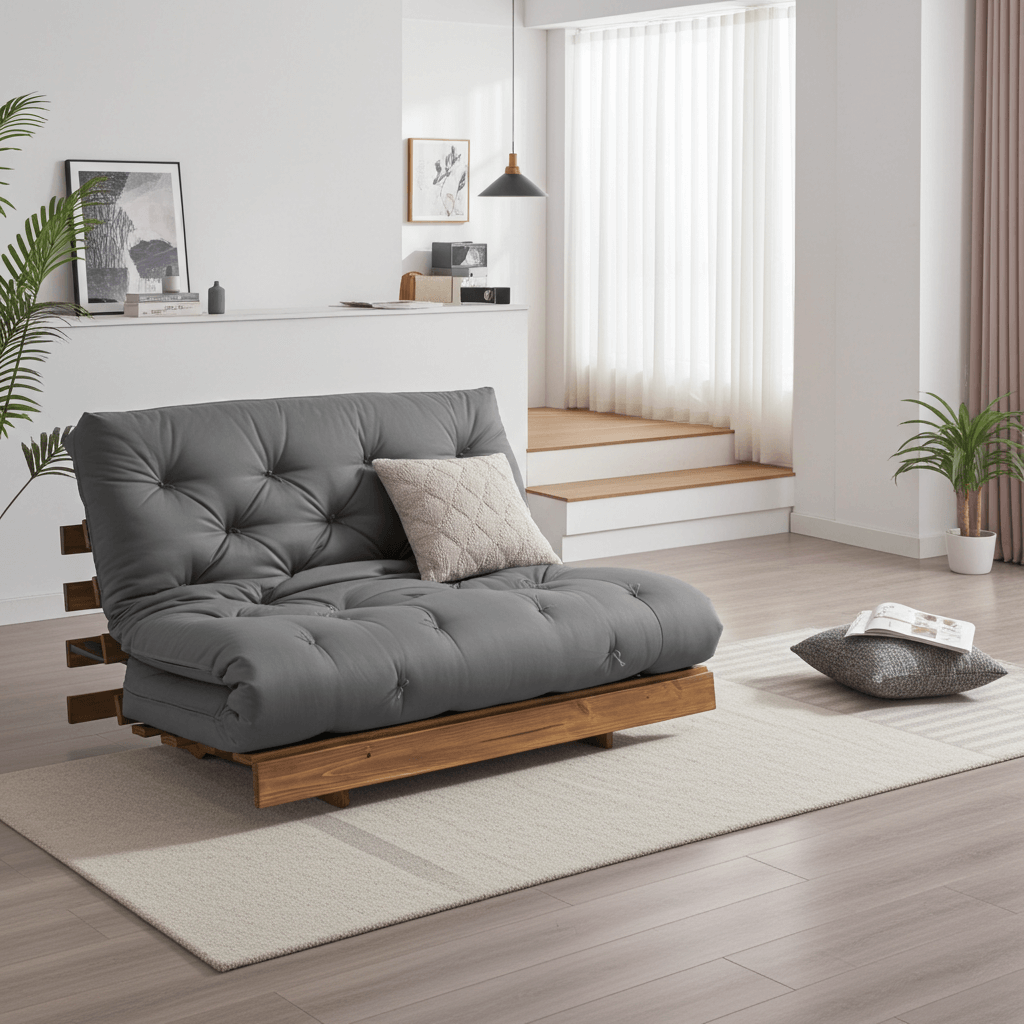 Sofá Cama Casal Futon Tokio D33 Madeira Maciça Cor Imbuia - Cinza