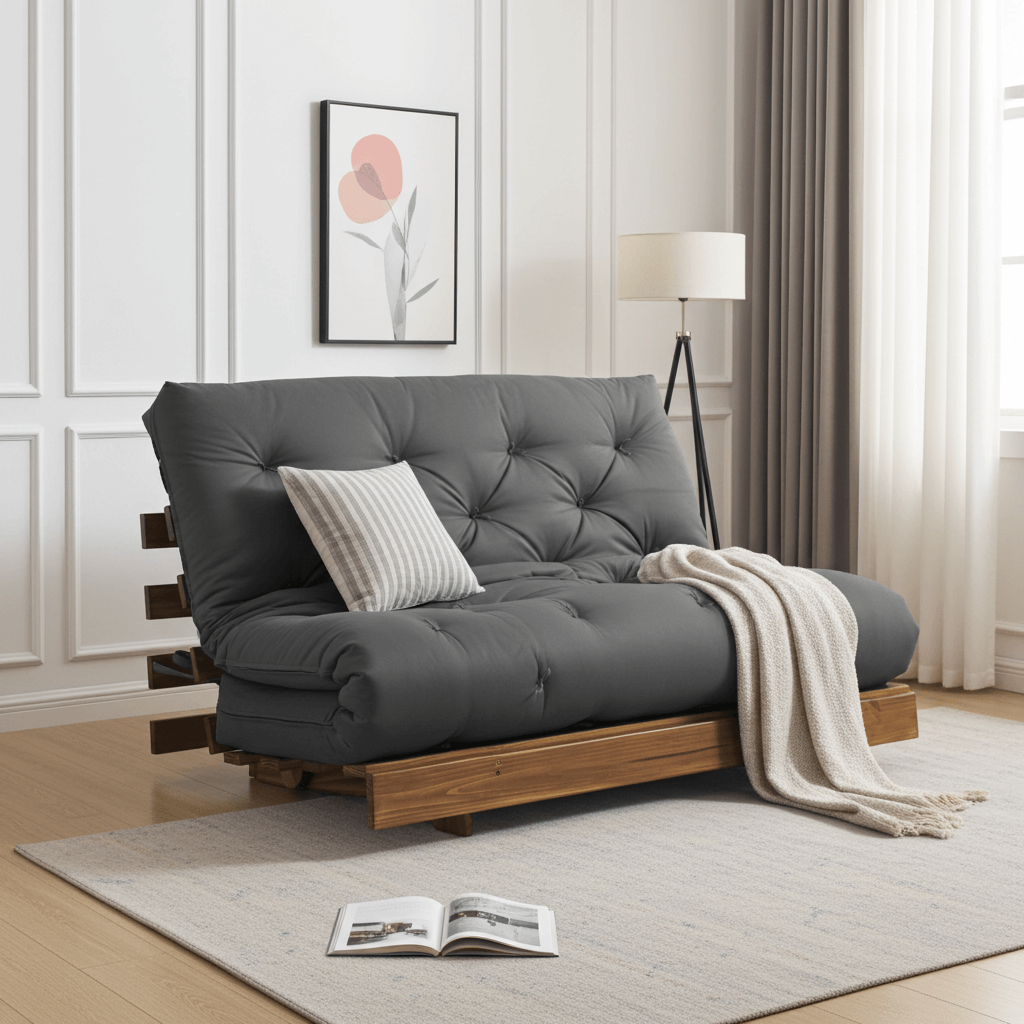 Sofá Cama Casal Futon Tokio D33 Madeira Maciça Cor Imbuia - Cinza