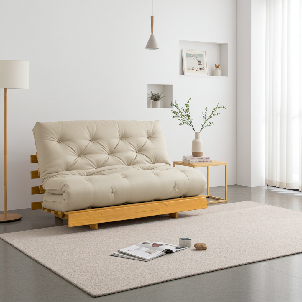 Sofá Cama Casal Futon Tokio Madeira Cor Mel Sarja Bege